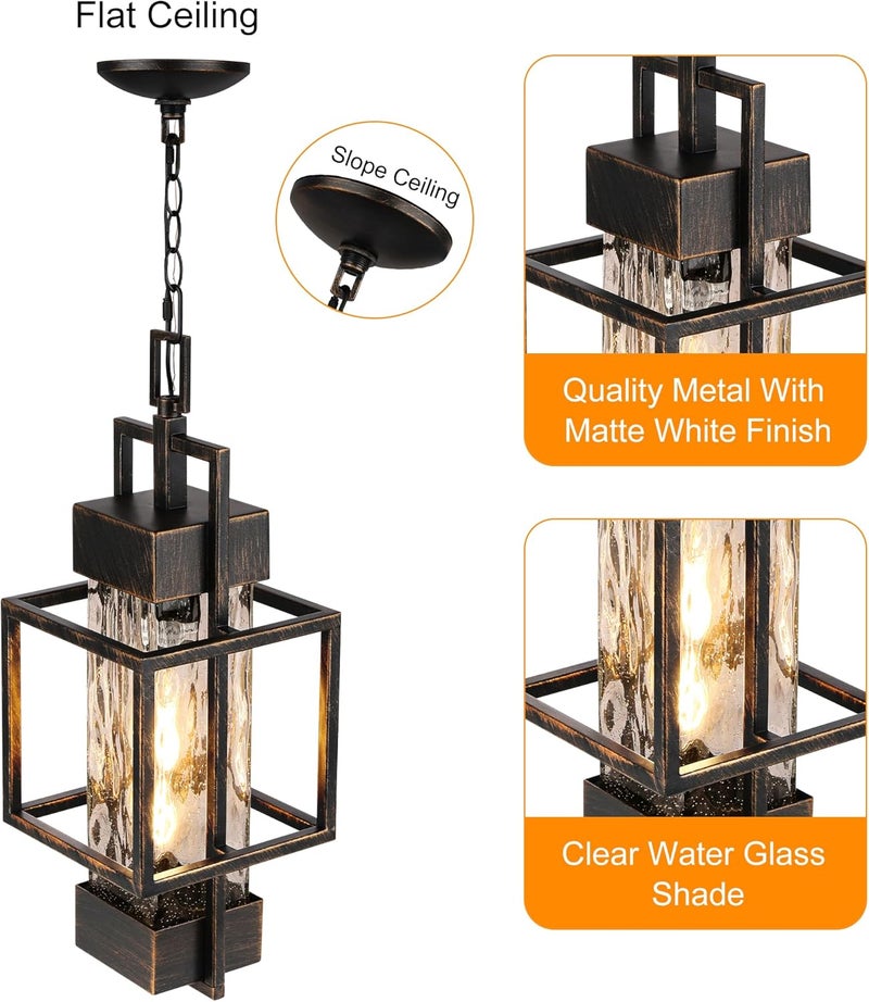 PARTPHONER 15" Outdoor Indoor Pendant Light Exterior Hanging Lantern, Modern Black Metal Outside Chandelier Light Fixture Ceiling Mount with Water Glass for Front Porch Entrance Foyer Entryway, Black Brush Gold - Image 2